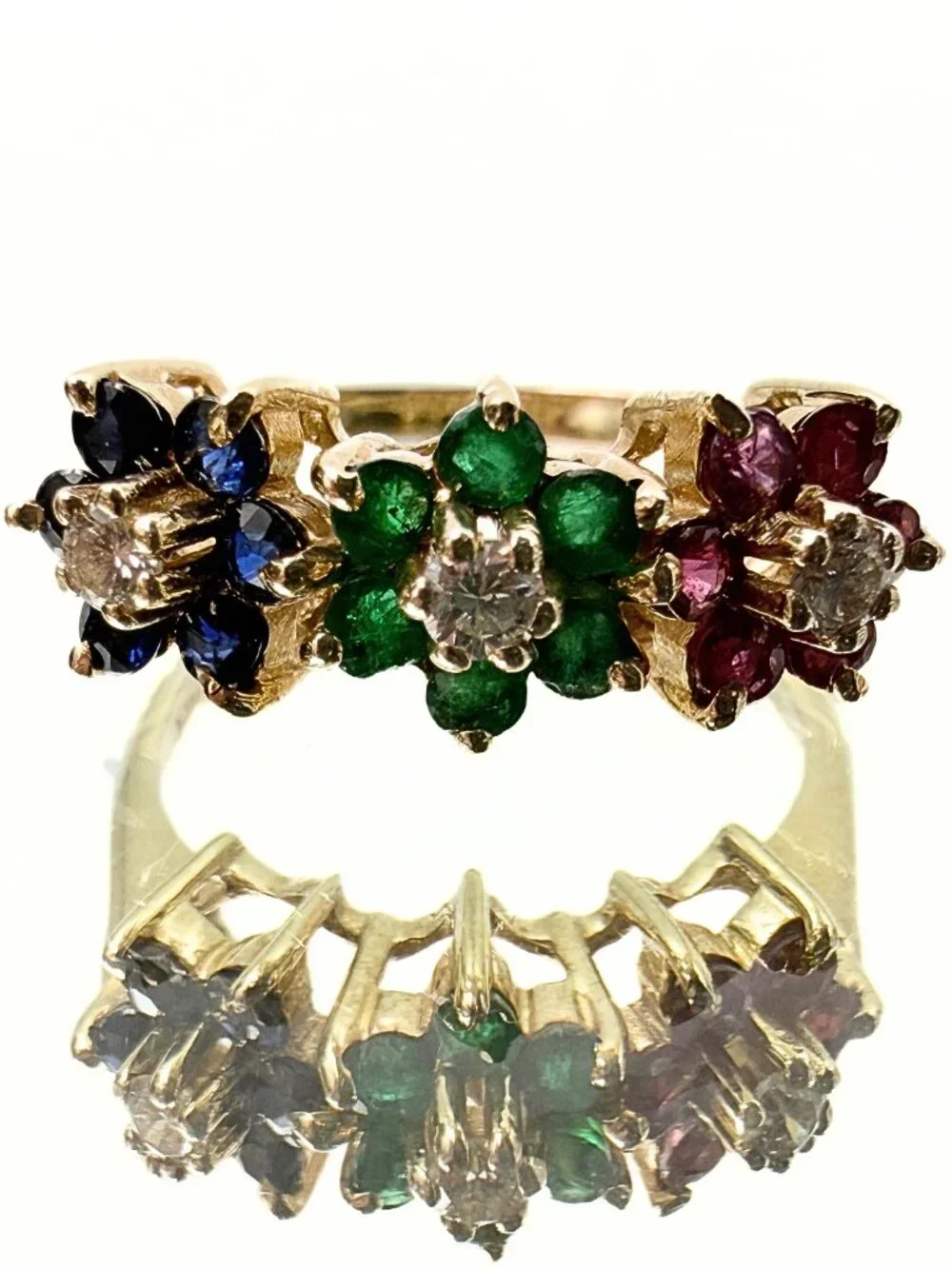 Estate 14K Gold Lab Emerald Diamonds Ruby Sapphire Floral Cluster Ring Sz 5